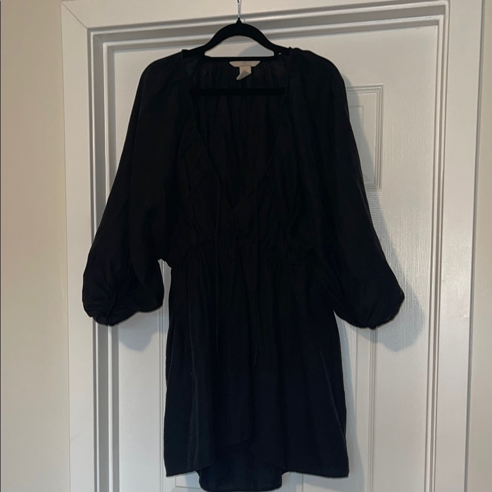 Black V-Neck Dress with Balloon Sleeves